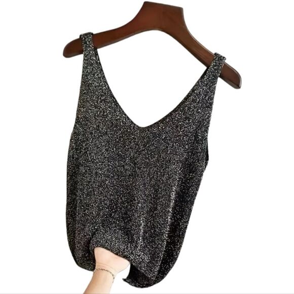 Solid Sequin Knitted Top, V-Neck Sleeveless Casual Top Size M, L, XL - Picture 3 of 14